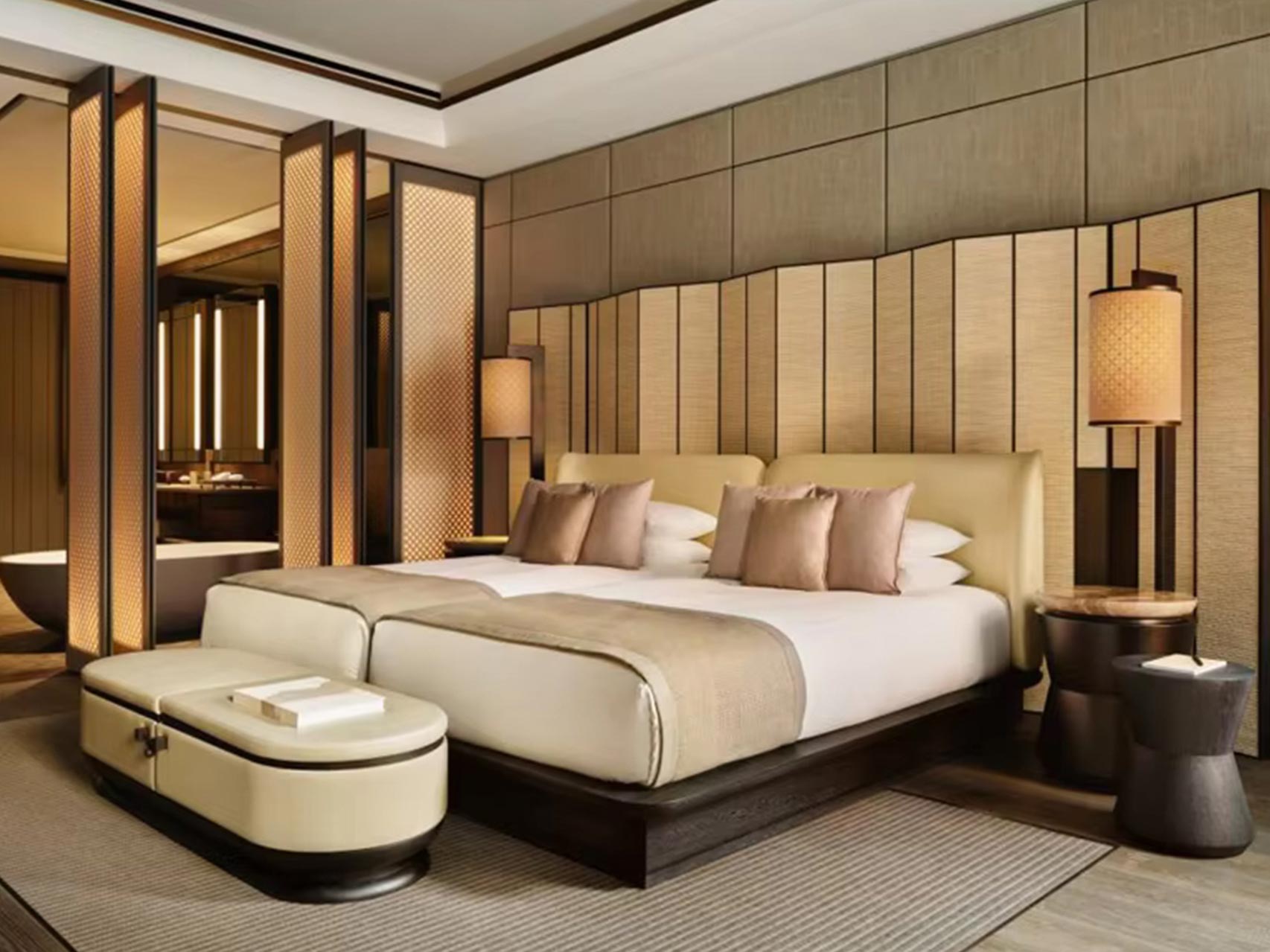 Aman Hotel Bedroom Set Master Bed and Integrated Headboard Wall Paneling