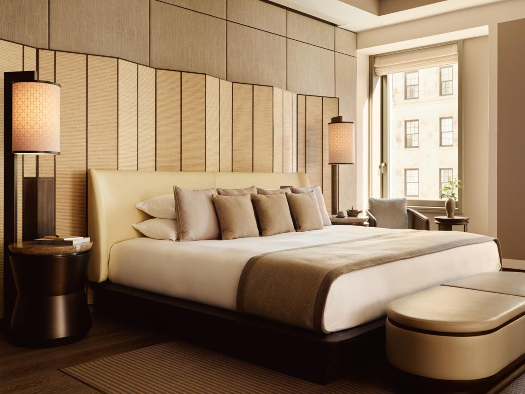 Luxury Bedside Floating Cabinet and Specialized Wood Finish Details