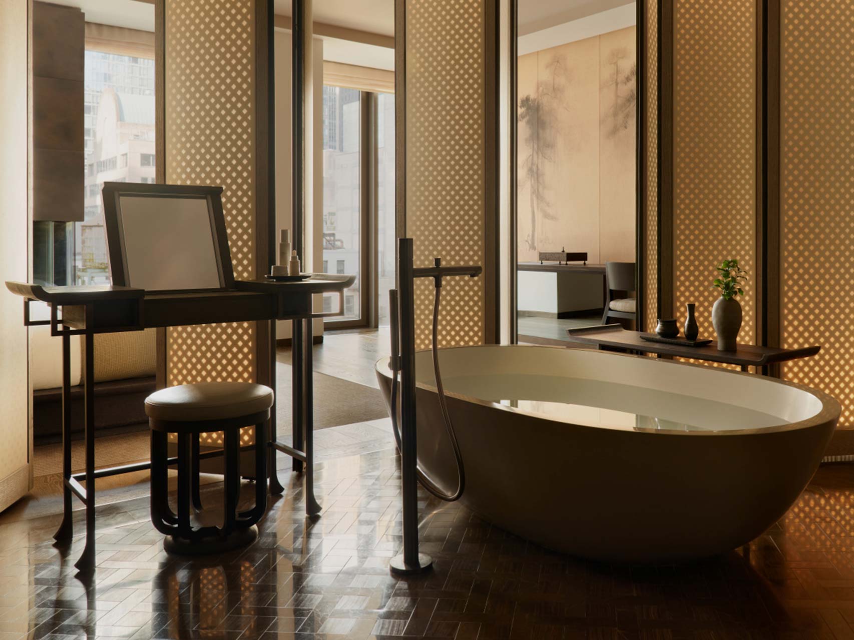 Minimalist Executive Desk Console and Integrated Multi-functional Vanity Set