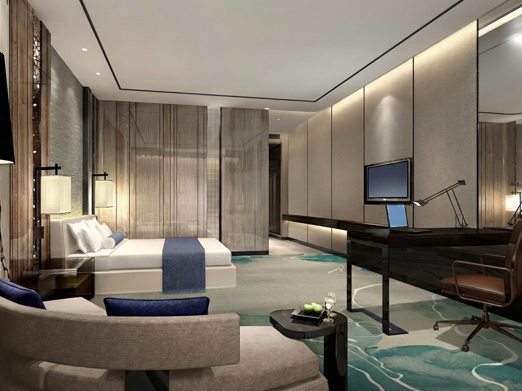 Full custom luxury hotel guestroom bedroom suite set overview