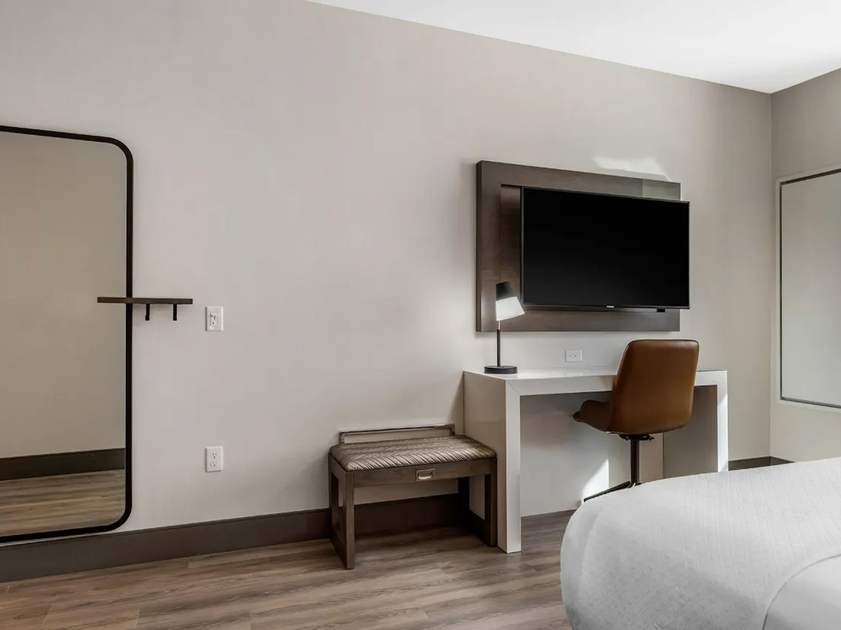 Cambria Hotel Ergonomic Work Desk, Wardrobe Cabinet, and Accent Chair Setup